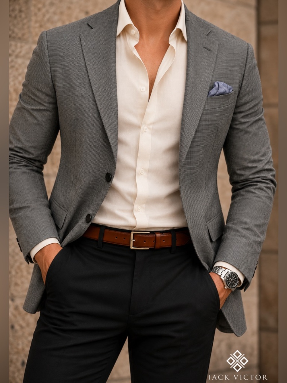 Men's Gray and Black Houndstooth Classic Wool-Blend Blazer